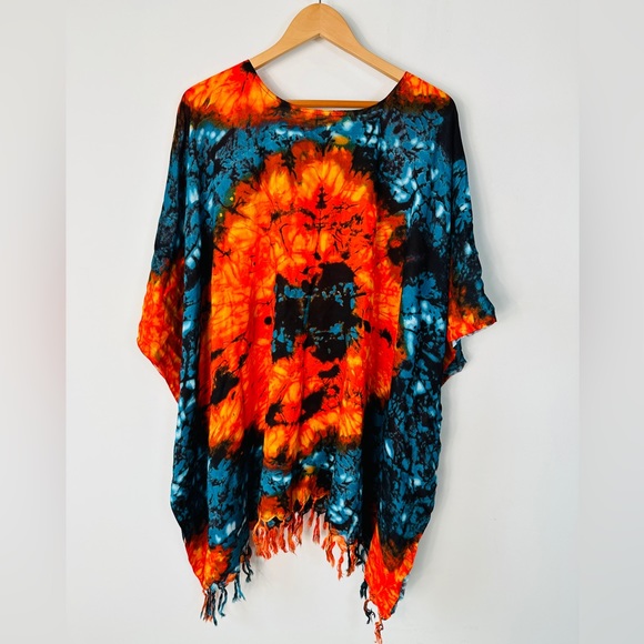 Vibrantly Vintage Tie Die Cape Style Cover Up With Fringe Bottom - Picture 3 of 4